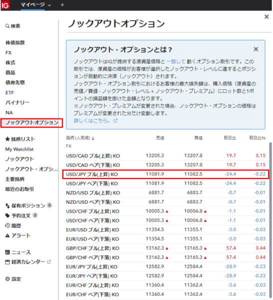 ノックアウト・オプションの選択画面